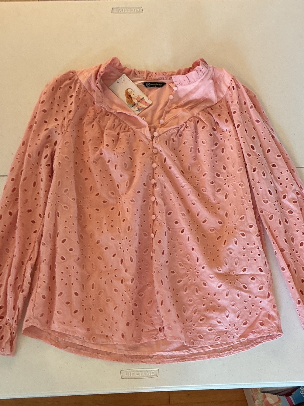 Soft Pink Eyelet Long-Sleeve Blouse with Ruffle Neck